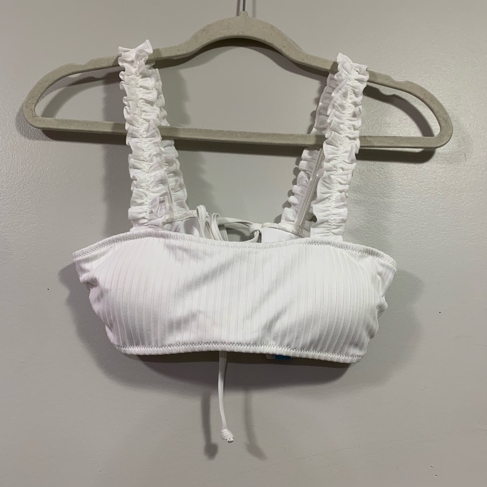 Cupshe White Ruched Bikini Top with Ruffle Straps and Tied Back